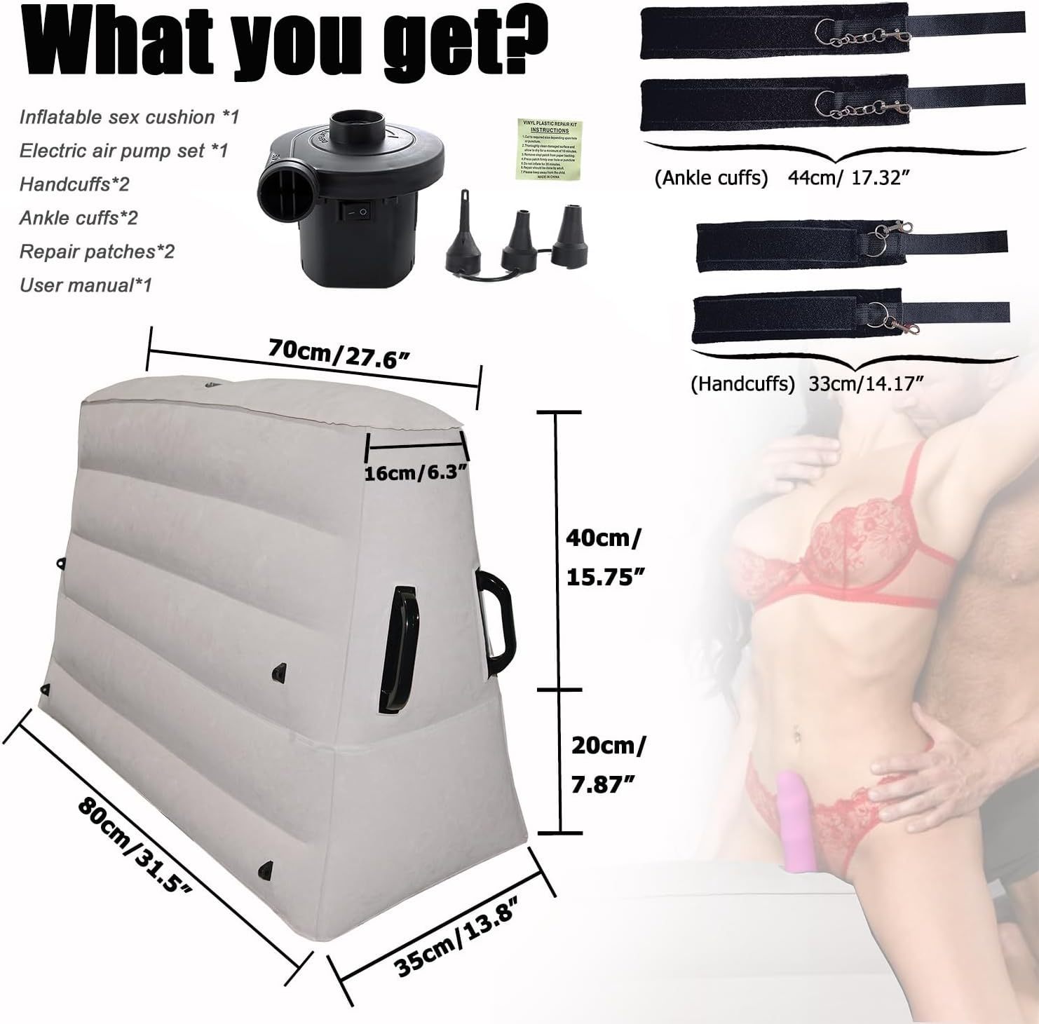 Sex pillow dildo mount, sex bondage chair with sex toy mount for women, BDSM sex furniture for adults couples, inflatable sex cushion with handcuffs for bedroom