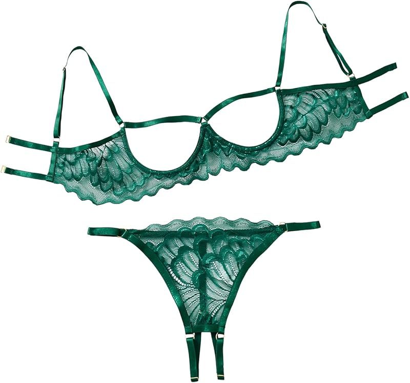 Lilosy Sexy Underwire Floral Lace Sheer Lingerie Set for Women See Through Bra and Panty 2 Piece