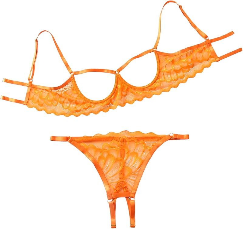 Lilosy Sexy Underwire Floral Lace Sheer Lingerie Set for Women See Through Bra and Panty 2 Piece