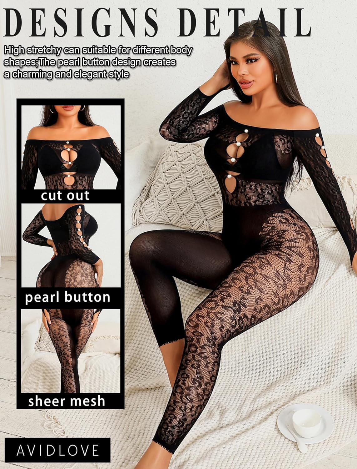 Long-sleeved fishnet bodysuit with leopard print and sexy rhinestone hollow jumpsuit