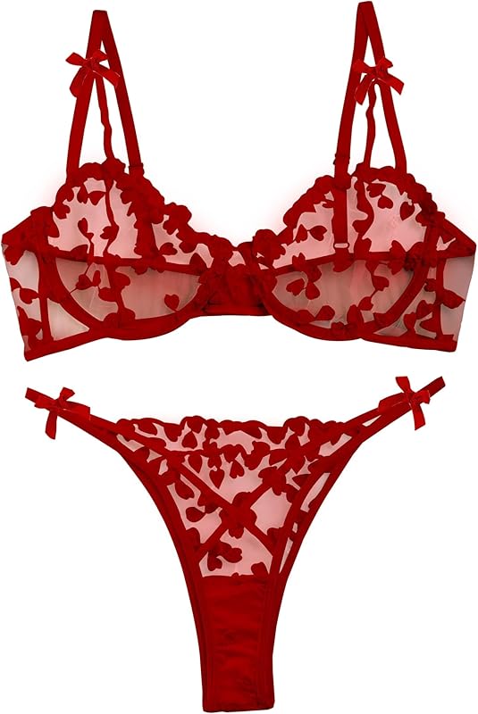 Sexy Underwire Cute Push Up Strappy Embroidered Mesh Sheer Lingerie Set See Through Panty Bra