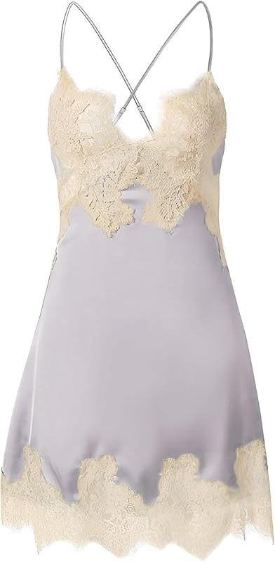 Lilosy sexy silk lace up backless satin applique floral lace babydoll lingerie dress with Tong 2 piece