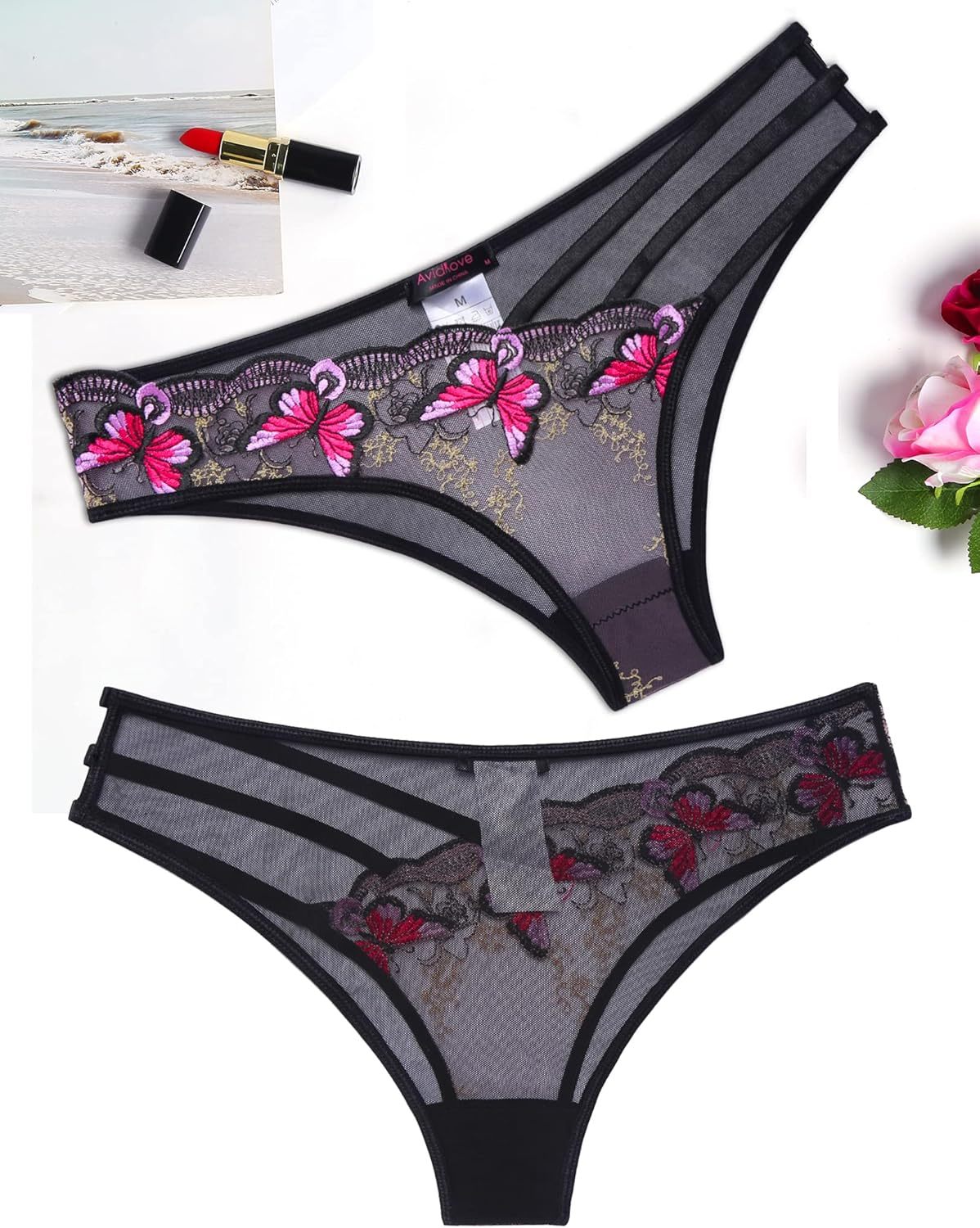 Women's Sexy Butterfly Embroidered Mesh Panty Set