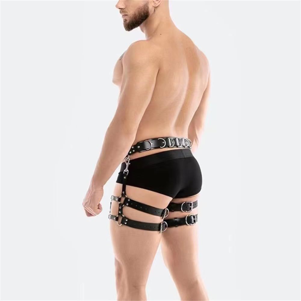 Gothic Sexy Punk Suspender Cage Leg Garter Thigh Straps Men's Bondage Leg Straps (Upgraded PU Leather Material)