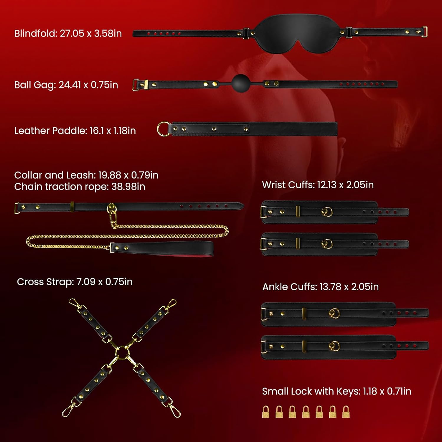 Lockable Sex Bondage BDSM Kits,7 Pcs Leather Adjustable Restraints Set with Handcuffs Ankle Cuffs Blindfold Cross Strap Paddle Collar and Leash Ball Gag,Adult Sex Toys for Couple Beginner SM Game Play