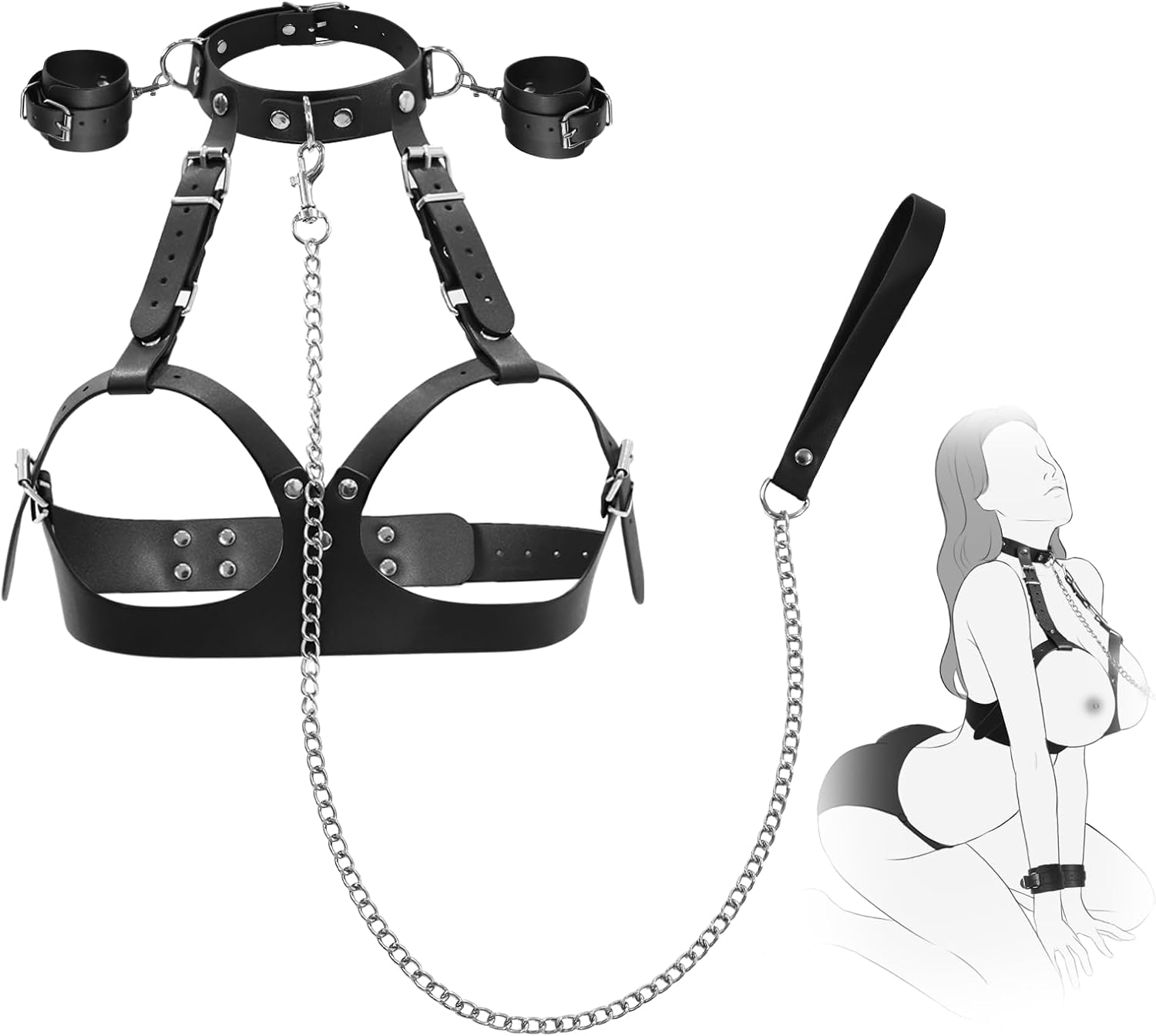 BDSM Bondage Sex Breast Restraints Set B to E Cup Boobs Sex Things for Couples Kinky Adult Sex Toys with Dual-Layer PU Leather Harness Collars with Traction Chain Handcuffs Bondage Gear Accessories