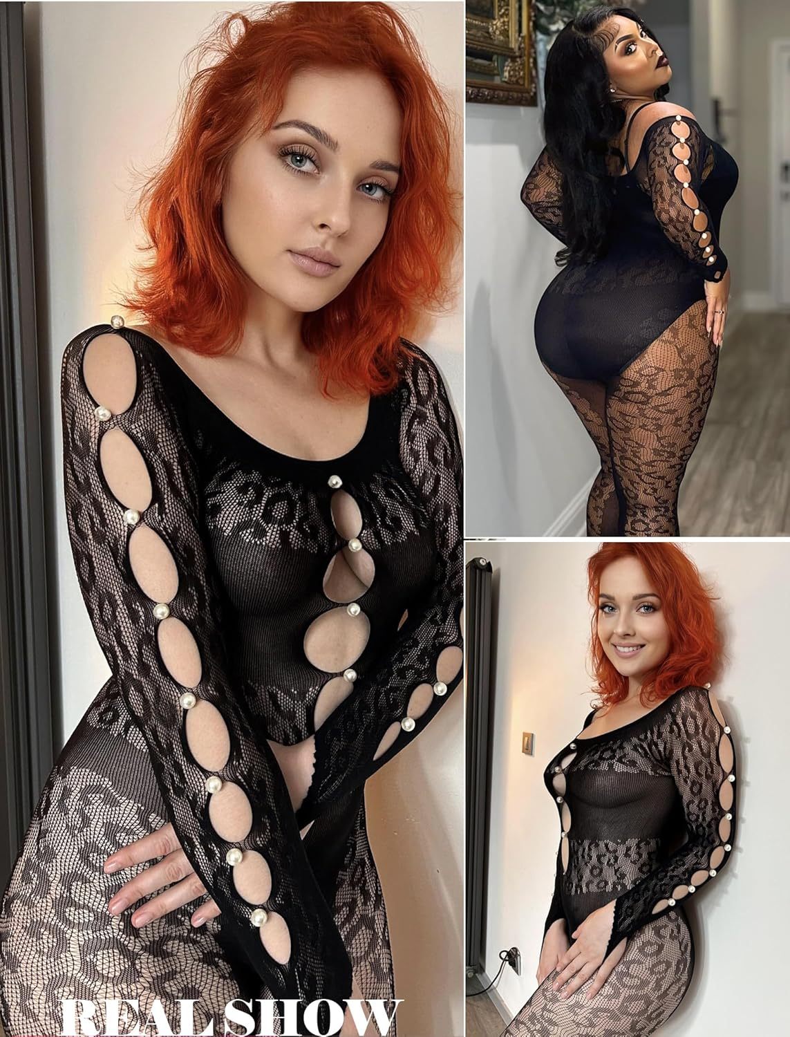 Long-sleeved fishnet bodysuit with leopard print and sexy rhinestone hollow jumpsuit