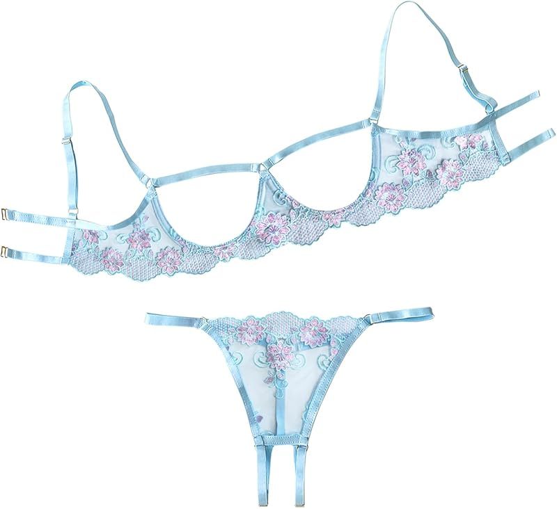 Lilosy Sexy Underwire Floral Lace Sheer Lingerie Set for Women See Through Bra and Panty 2 Piece