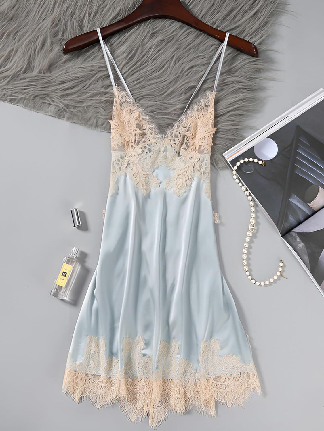 Lilosy sexy silk lace up backless satin applique floral lace babydoll lingerie dress with Tong 2 piece