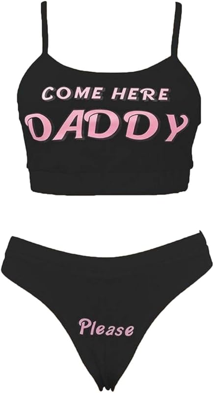 Sexy Women Come Here Daddy Please Strappy Lingerie Set 2PCS Slutty Underwear Tank Tops and Panty Pajamas Sleepwear
