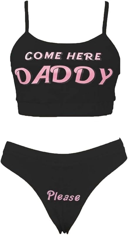Sexy Women Come Here Daddy Please Strappy Lingerie Set 2PCS Slutty Underwear Tank Tops and Panty Pajamas Sleepwear