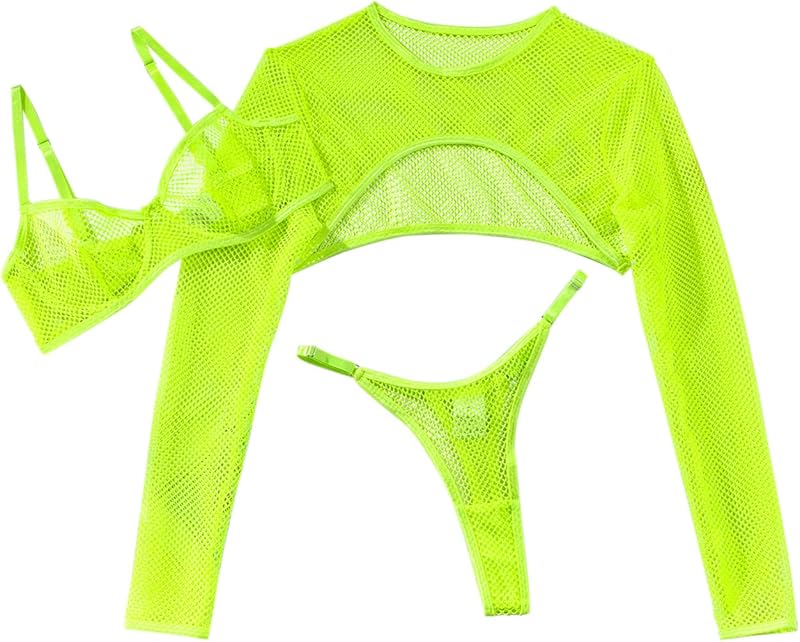 Lilosy Sexy Fishnet Sheer Underwire Rave Outfits Top Bra Panty 3 Piece Lingerie Set