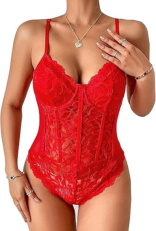 Lilosy Sexy Mesh Sheer Floral Lace Corset Lingerie Bodysuit Bustier Cami Top