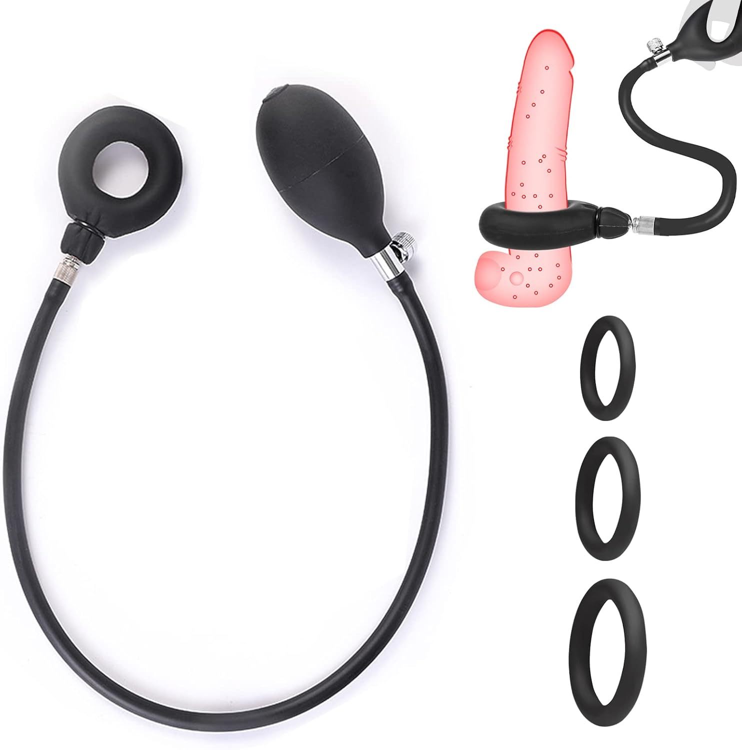 Inflatable Ring Stretchy Silicone Cock Ring with Pump and 3 Cock Rings Extreme Silicone Adjustable Ring Testicle Rings Rings Sex Toy for Couples Extreme Sex Toys Long-Lasting Erection