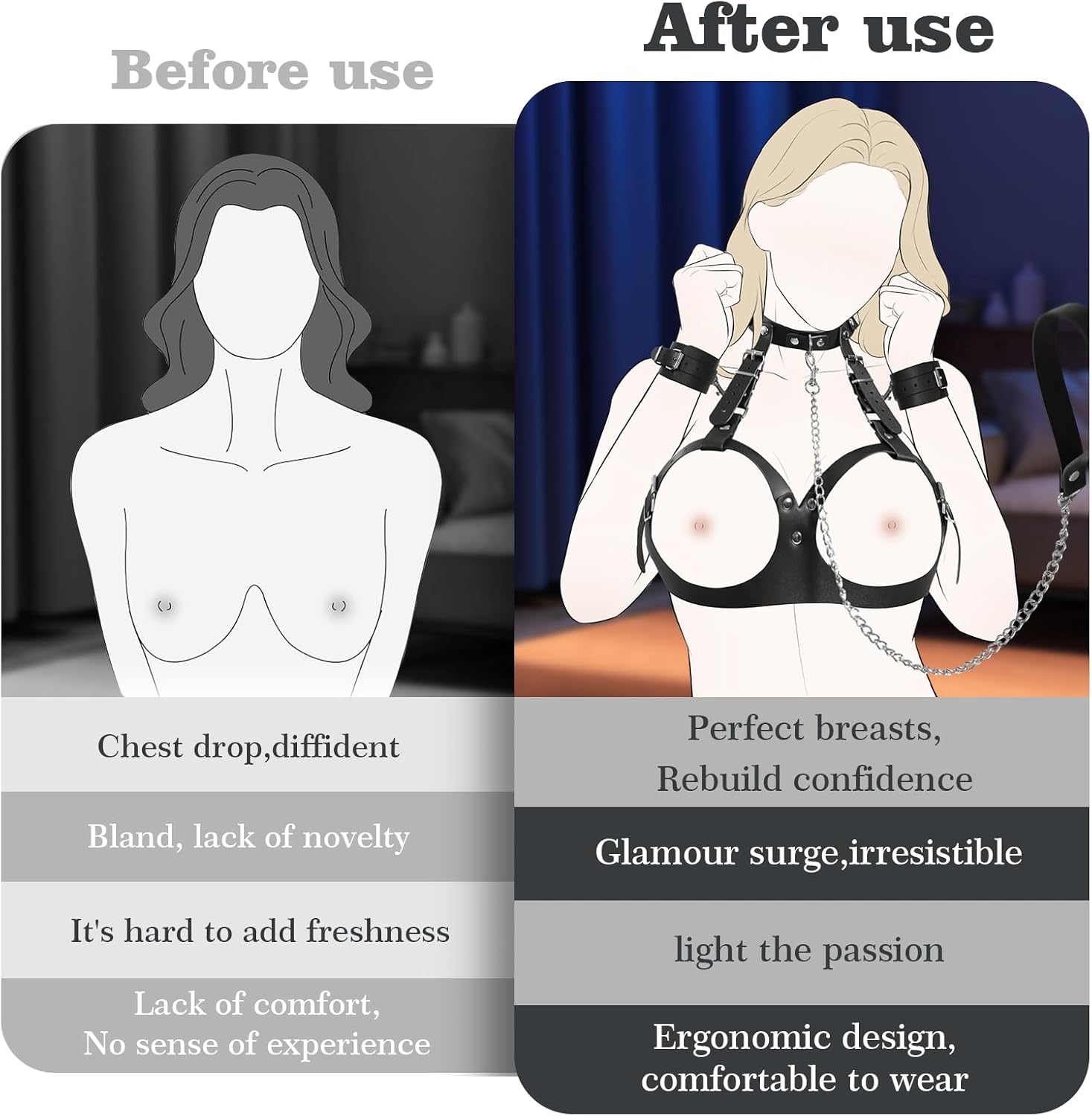 BDSM Bondage Sex Breast Restraints Set B to E Cup Boobs Sex Things for Couples Kinky Adult Sex Toys with Dual-Layer PU Leather Harness Collars with Traction Chain Handcuffs Bondage Gear Accessories