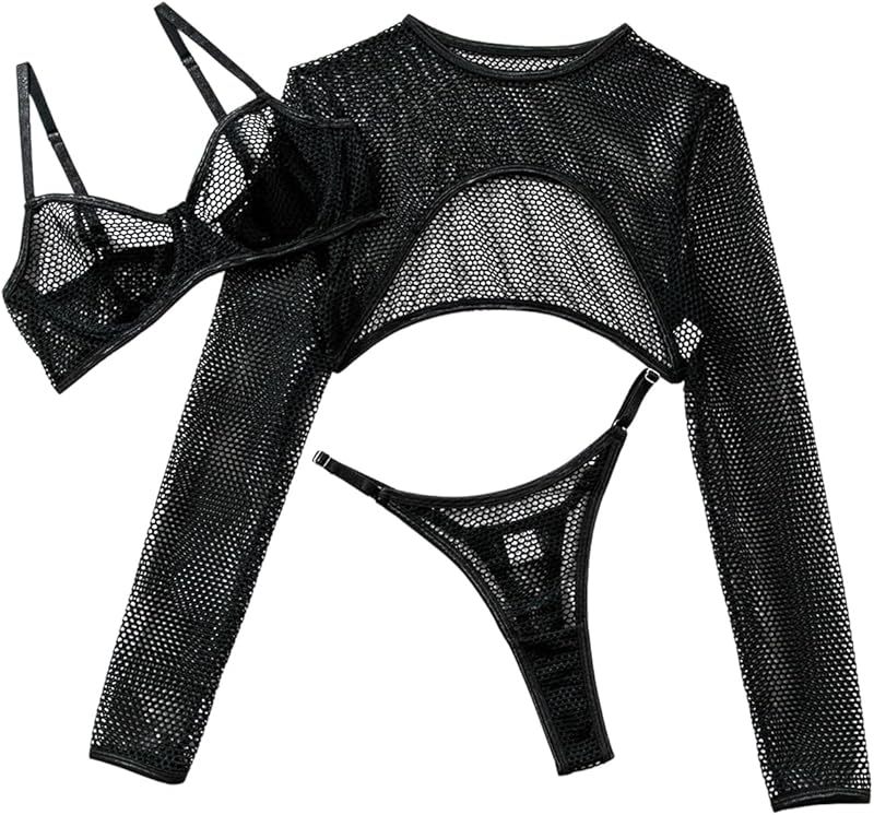 Lilosy Sexy Fishnet Sheer Underwire Rave Outfits Top Bra Panty 3 Piece Lingerie Set