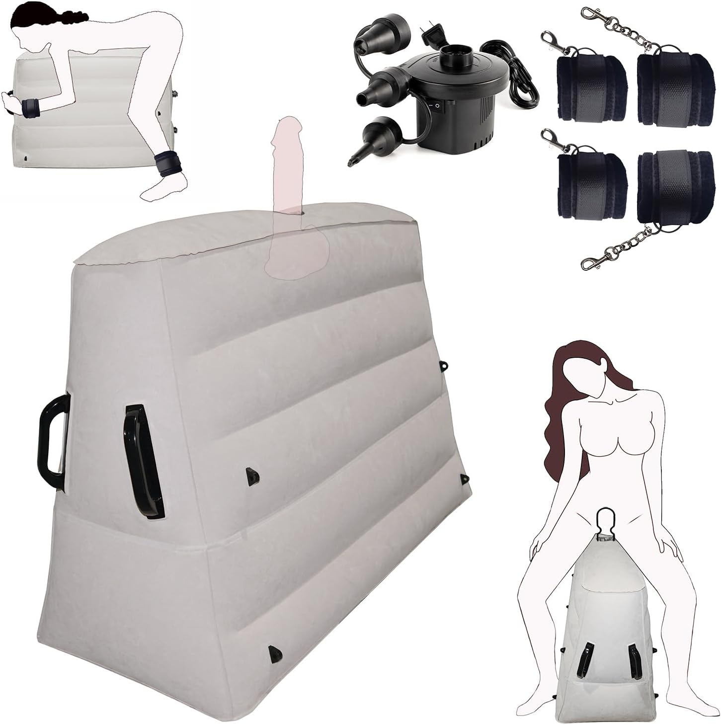 Sex pillow dildo mount, sex bondage chair with sex toy mount for women, BDSM sex furniture for adults couples, inflatable sex cushion with handcuffs for bedroom
