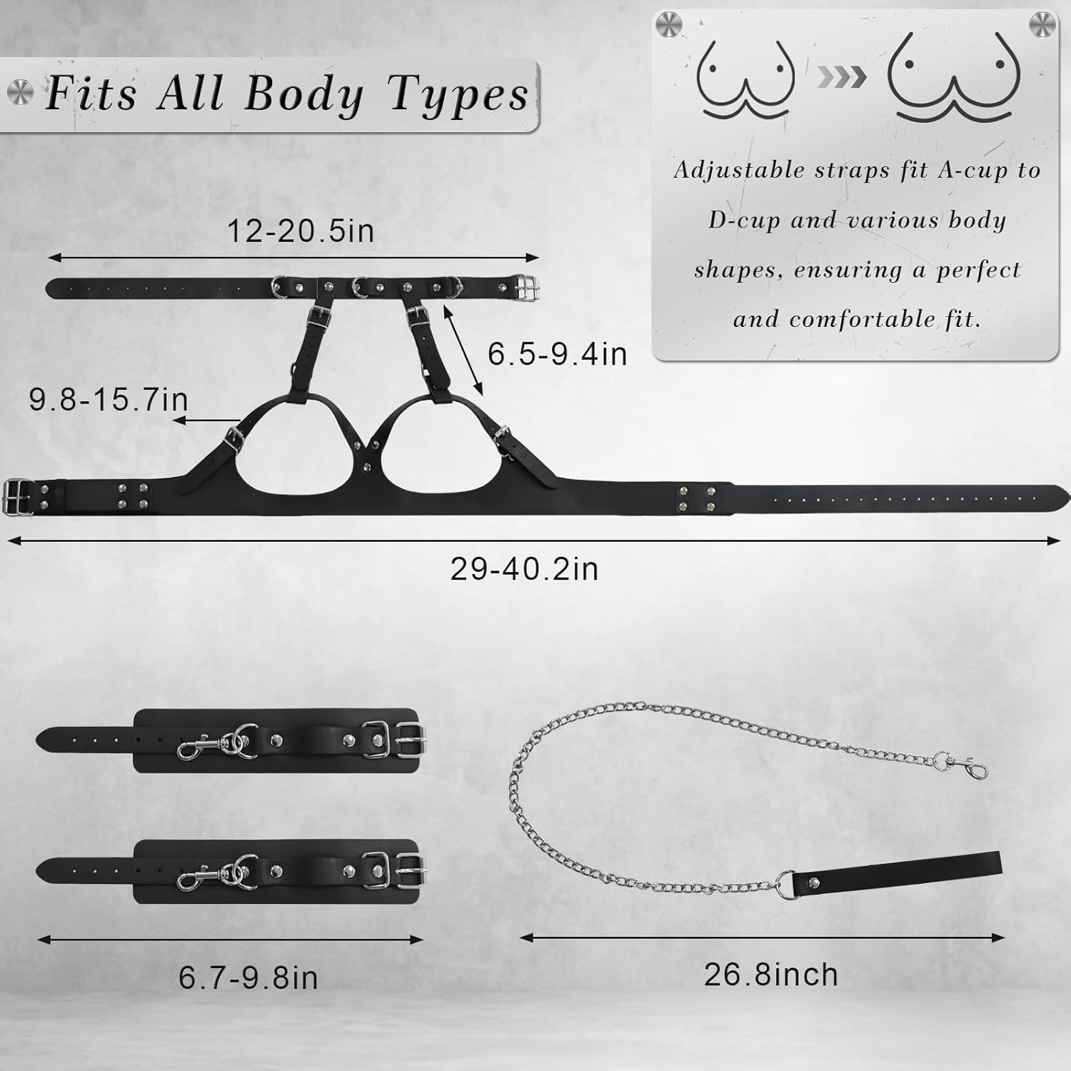 BDSM Bondage Sex Breast Restraints Set B to E Cup Boobs Sex Things for Couples Kinky Adult Sex Toys with Dual-Layer PU Leather Harness Collars with Traction Chain Handcuffs Bondage Gear Accessories