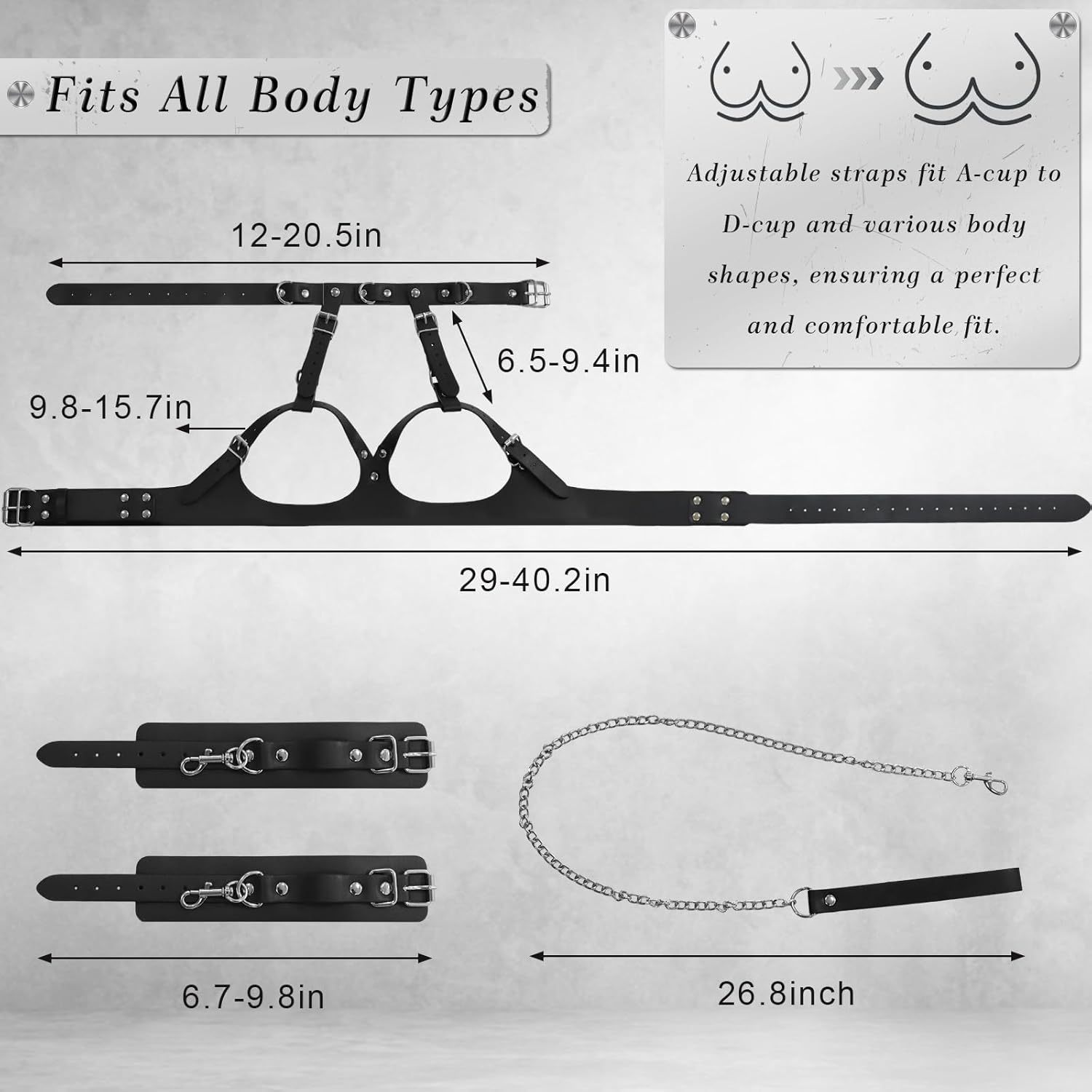 BDSM Bondage Sex Breast Restraints Set B to E Cup Boobs Sex Things for Couples Kinky Adult Sex Toys with Dual-Layer PU Leather Harness Collars with Traction Chain Handcuffs Bondage Gear Accessories