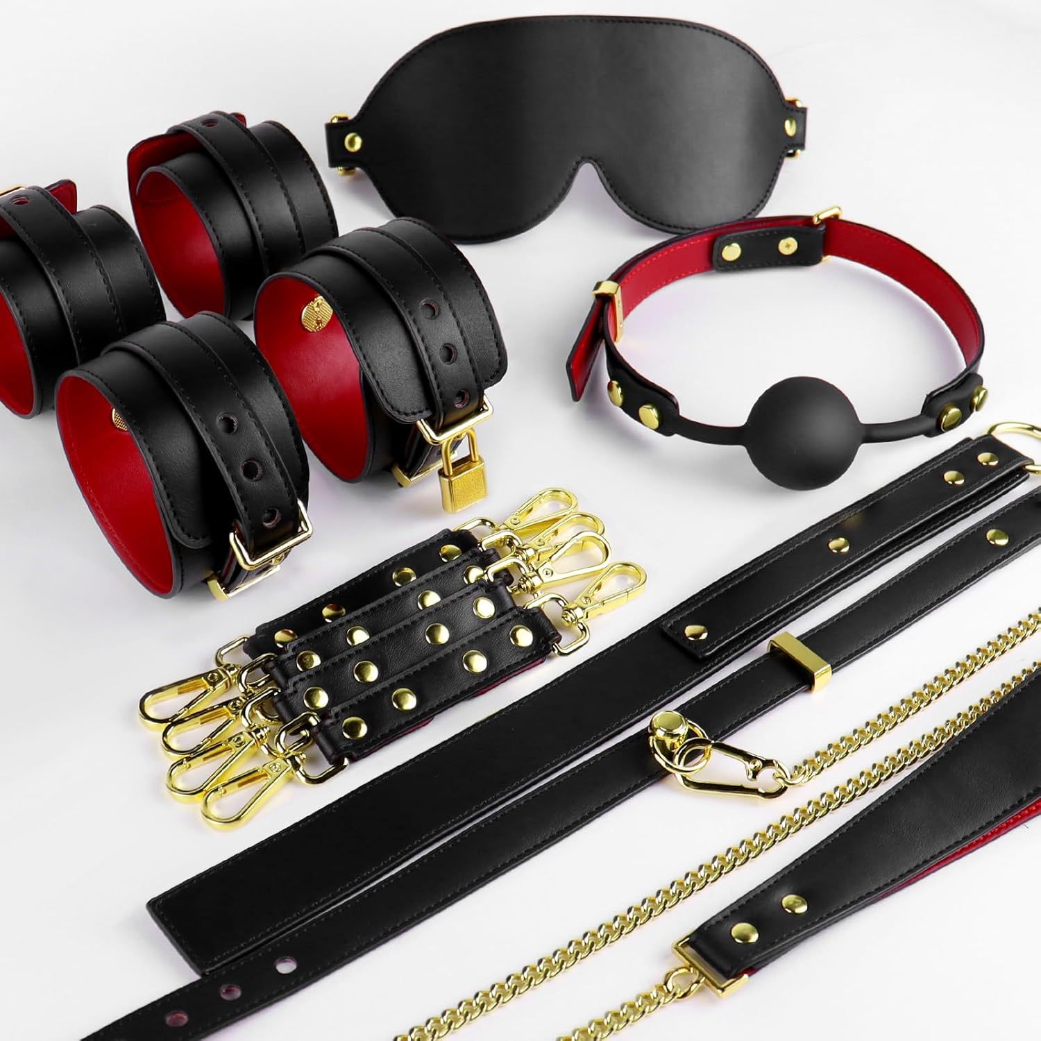 Lockable Sex Bondage BDSM Kits,7 Pcs Leather Adjustable Restraints Set with Handcuffs Ankle Cuffs Blindfold Cross Strap Paddle Collar and Leash Ball Gag,Adult Sex Toys for Couple Beginner SM Game Play