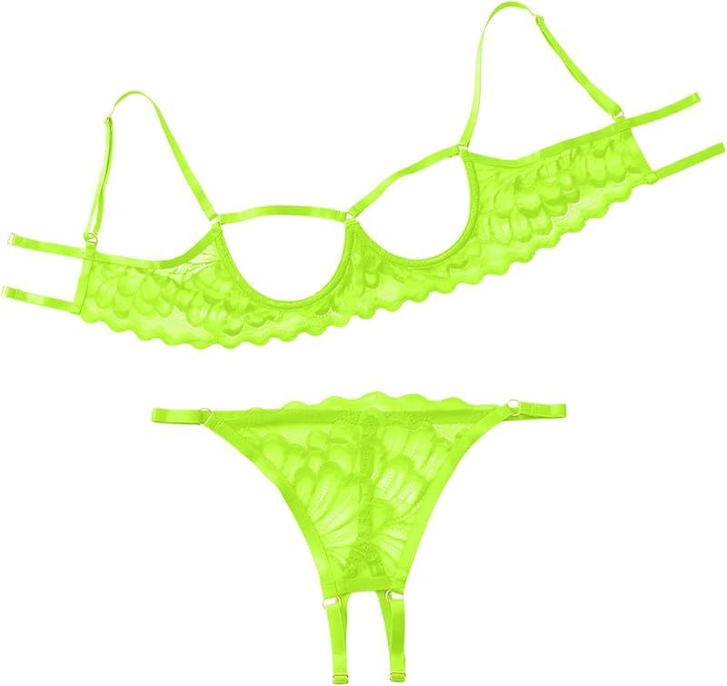 Lilosy Sexy Underwire Floral Lace Sheer Lingerie Set for Women See Through Bra and Panty 2 Piece