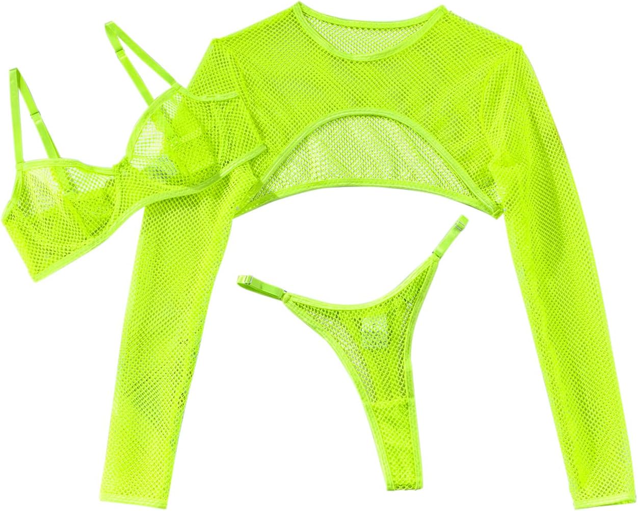 Lilosy Sexy Fishnet Sheer Underwire Rave Outfits Top Bra Panty 3 Piece Lingerie Set