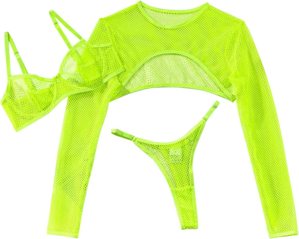 Lilosy Sexy Fishnet Sheer Underwire Rave Outfits Top Bra Panty 3 Piece Lingerie Set