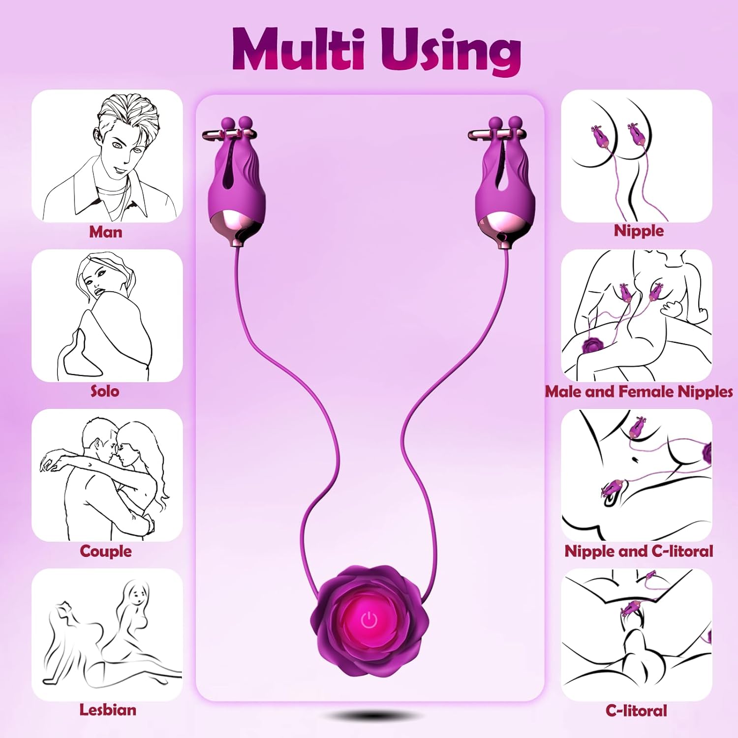 Nipple Toys Rose Sex Toy, Nipple Vibrator with 10 Vibration Modes Adjustable Rechargeable Vibrating Nipple Clamps Adult Toys for Couples or Women BDSM Sex Pleasure