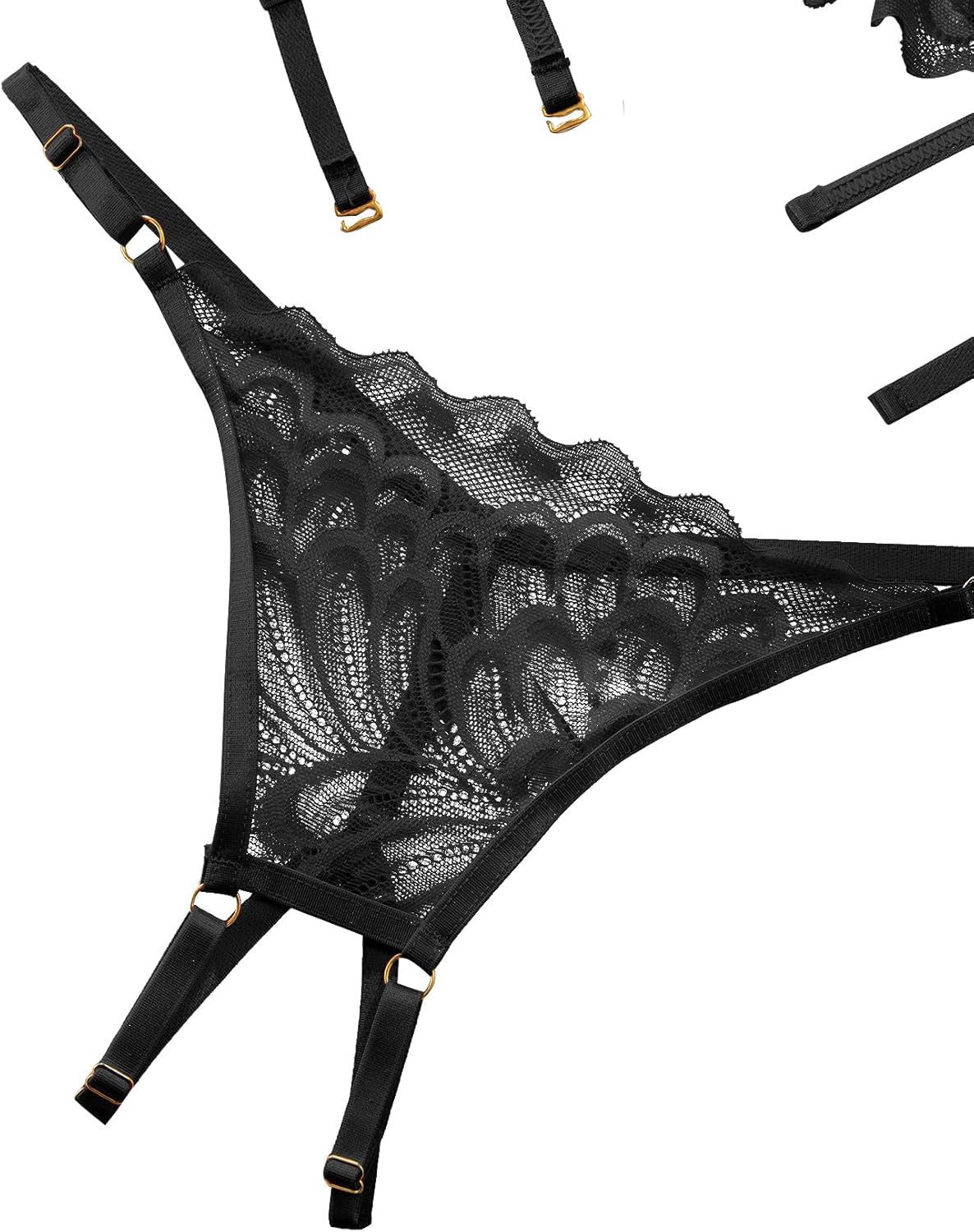Lilosy Sexy Underwire Floral Lace Sheer Lingerie Set for Women See Through Bra and Panty 2 Piece
