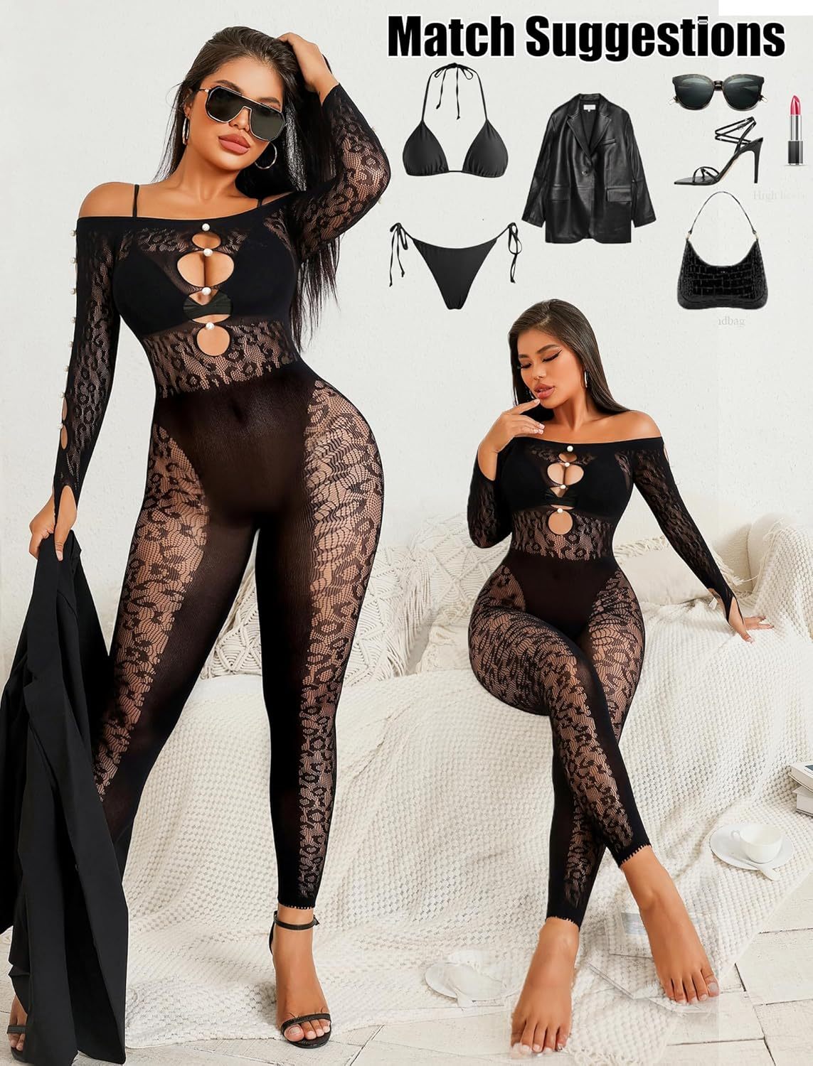 Long-sleeved fishnet bodysuit with leopard print and sexy rhinestone hollow jumpsuit