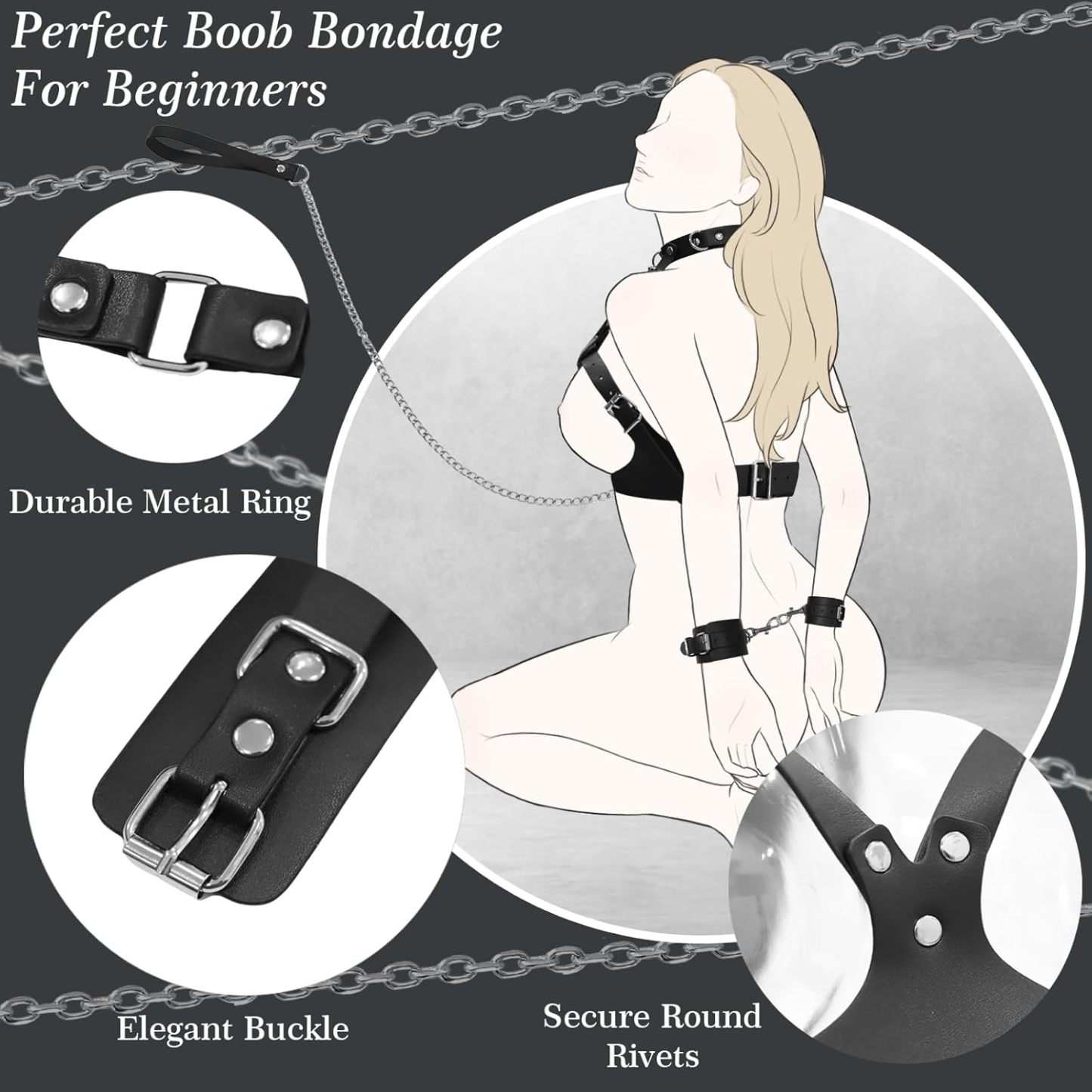BDSM Bondage Sex Breast Restraints Set B to E Cup Boobs Sex Things for Couples Kinky Adult Sex Toys with Dual-Layer PU Leather Harness Collars with Traction Chain Handcuffs Bondage Gear Accessories