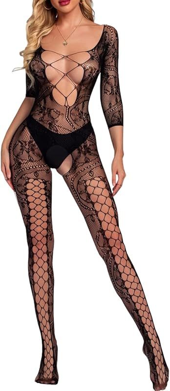Buitifo Womens Fishnet Bodystocking Plus Size Crotchless Bodysuit Sexy Tights Soft Nightwear Lingerie