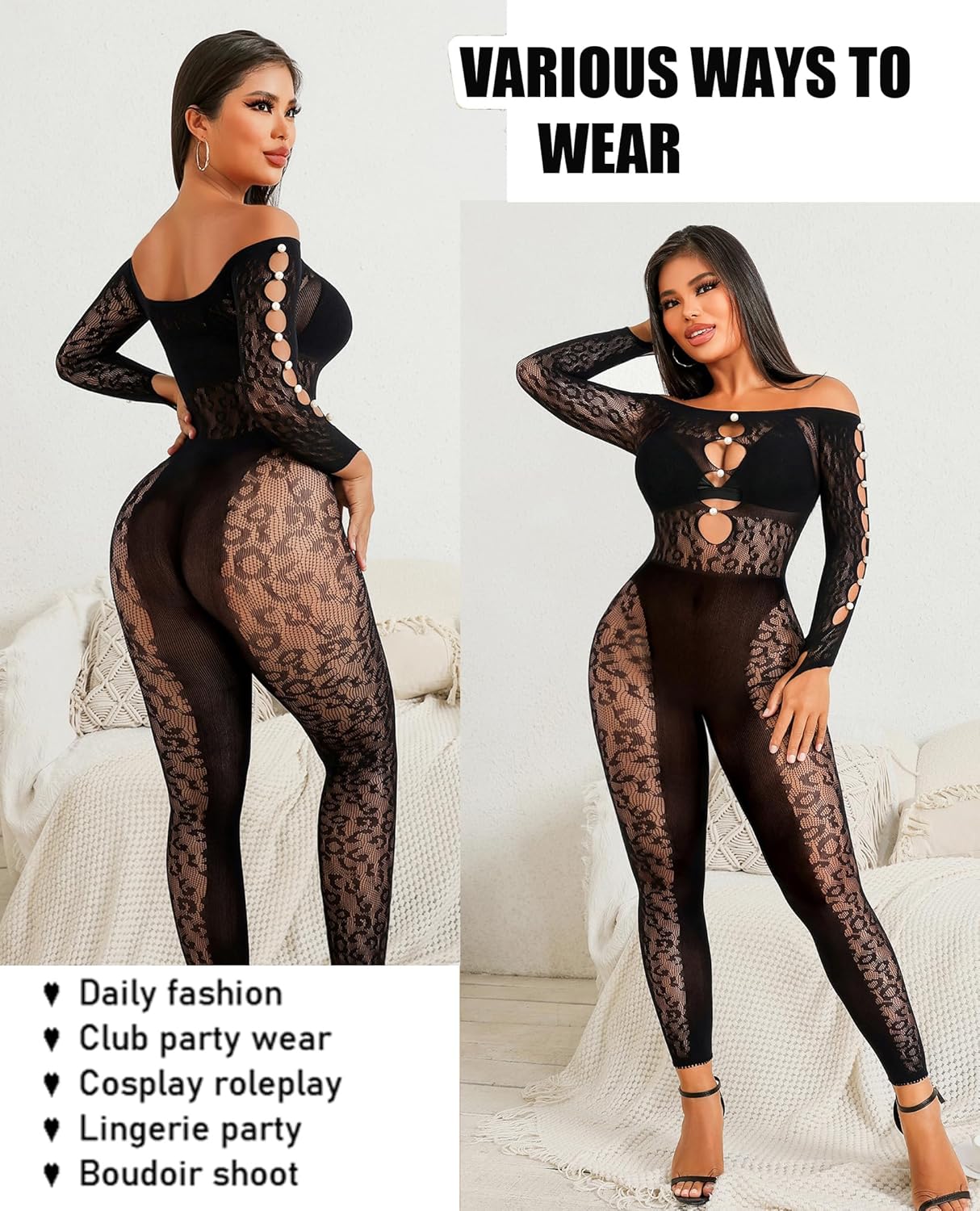 Long-sleeved fishnet bodysuit with leopard print and sexy rhinestone hollow jumpsuit