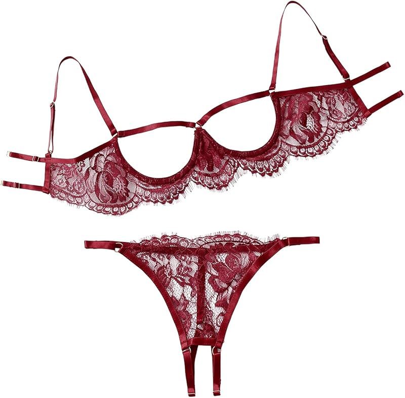 Lilosy Sexy Underwire Floral Lace Sheer Lingerie Set for Women See Through Bra and Panty 2 Piece