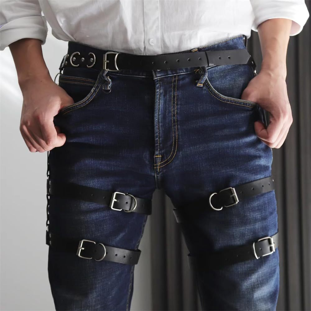 Gothic Sexy Punk Suspender Cage Leg Garter Thigh Straps Men's Bondage Leg Straps (Upgraded PU Leather Material)