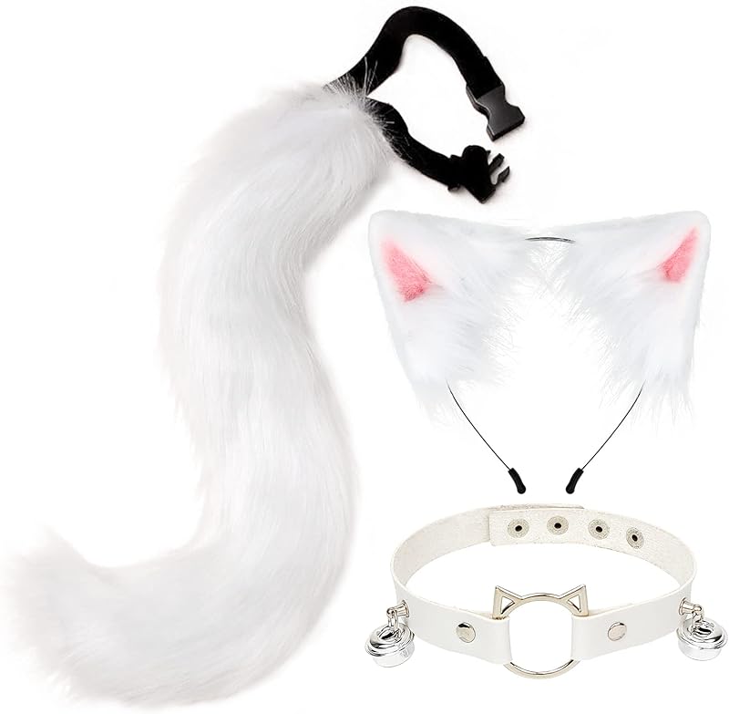 Cat Ear Wolf Fox Animal Tail Character Leather Necklace Set