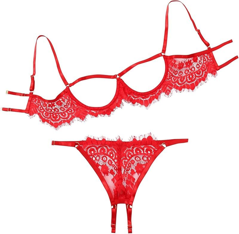 Lilosy Sexy Underwire Floral Lace Sheer Lingerie Set for Women See Through Bra and Panty 2 Piece