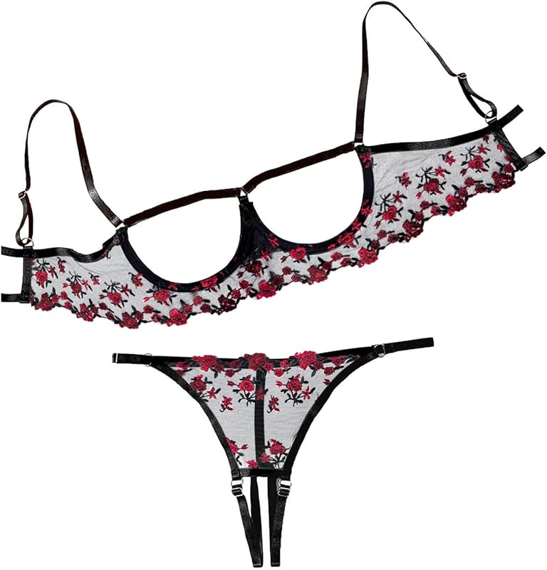 Lilosy Sexy Underwire Floral Lace Sheer Lingerie Set for Women See Through Bra and Panty 2 Piece