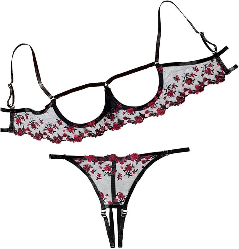 Lilosy Sexy Underwire Floral Lace Sheer Lingerie Set for Women See Through Bra and Panty 2 Piece