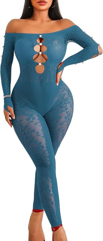 Long-sleeved fishnet bodysuit with leopard print and sexy rhinestone hollow jumpsuit