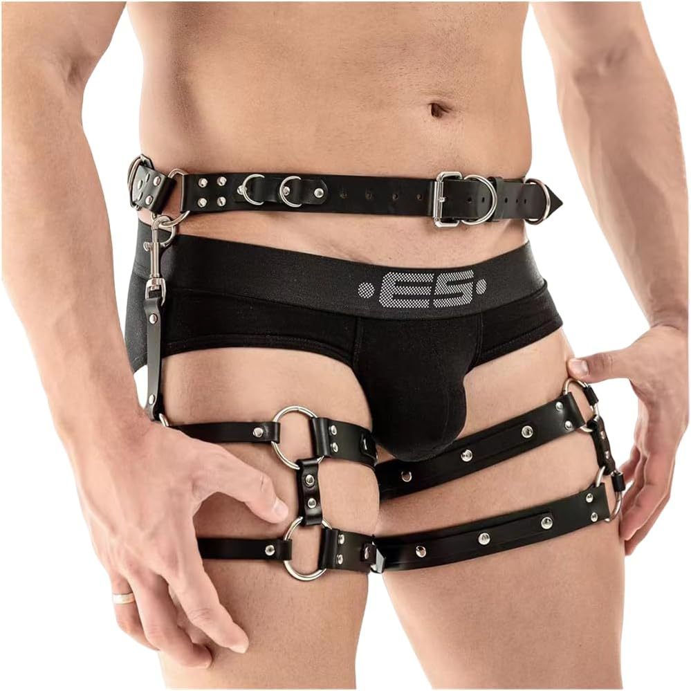 Leather Caged Thigh Holster Goth Sexy Punk Suspenders Cage Leg Garter Thigh Harness Men Restraints Leg Harness (PU Leather material upgrade)