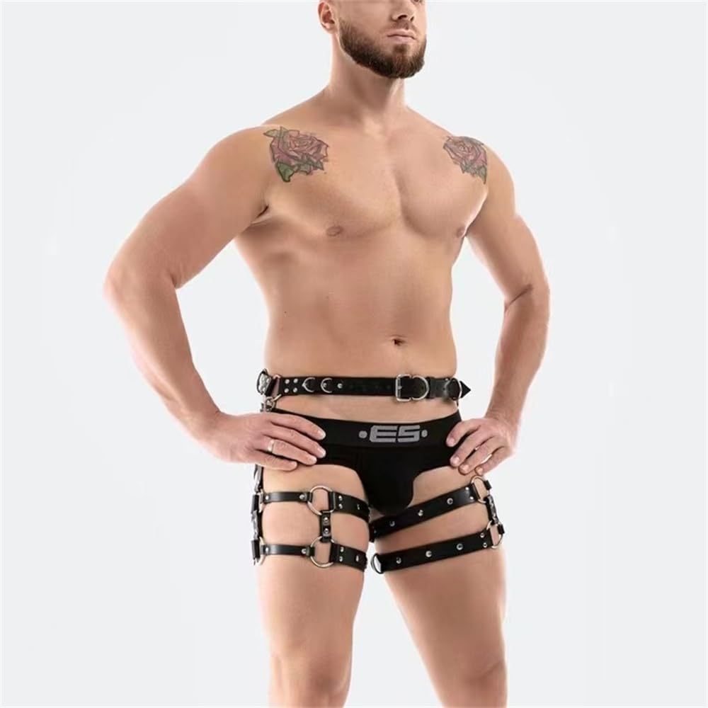Gothic Sexy Punk Suspender Cage Leg Garter Thigh Straps Men's Bondage Leg Straps (Upgraded PU Leather Material)