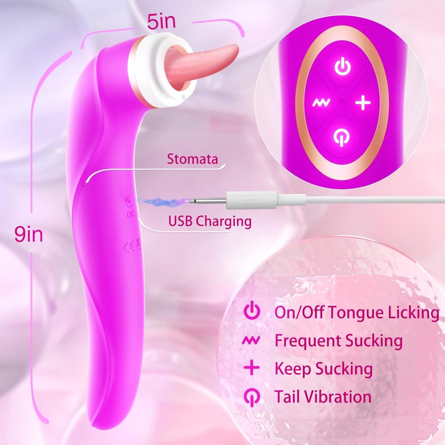 Licking vibrator with 8 suction levels, 10 tail vibrations, 5 licking modes, rechargeable and waterproof