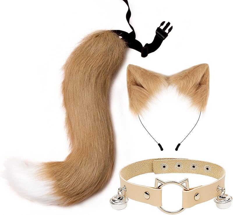 Cat Ear Wolf Fox Animal Tail Character Leather Necklace Set