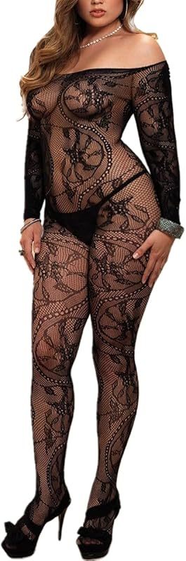 Buitifo Womens Fishnet Bodystocking Plus Size Crotchless Bodysuit Sexy Tights Soft Nightwear Lingerie