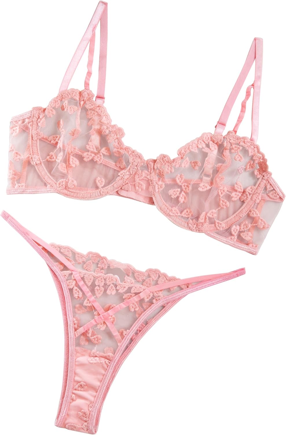 Underwire Push-Up Suspender Embroidered Mesh Transparent Bra Set
