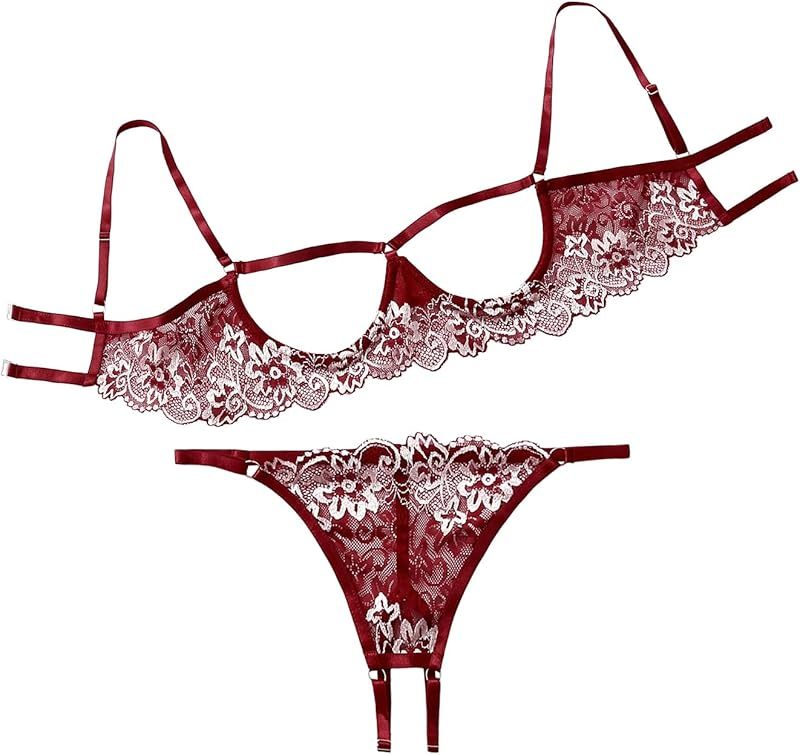 Lilosy Sexy Underwire Floral Lace Sheer Lingerie Set for Women See Through Bra and Panty 2 Piece