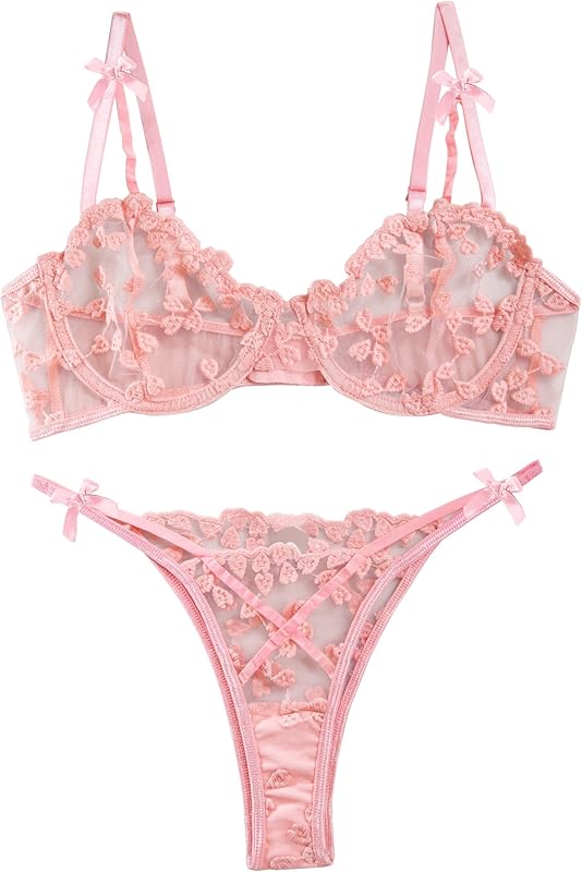 Underwire Push-Up Suspender Embroidered Mesh Transparent Bra Set