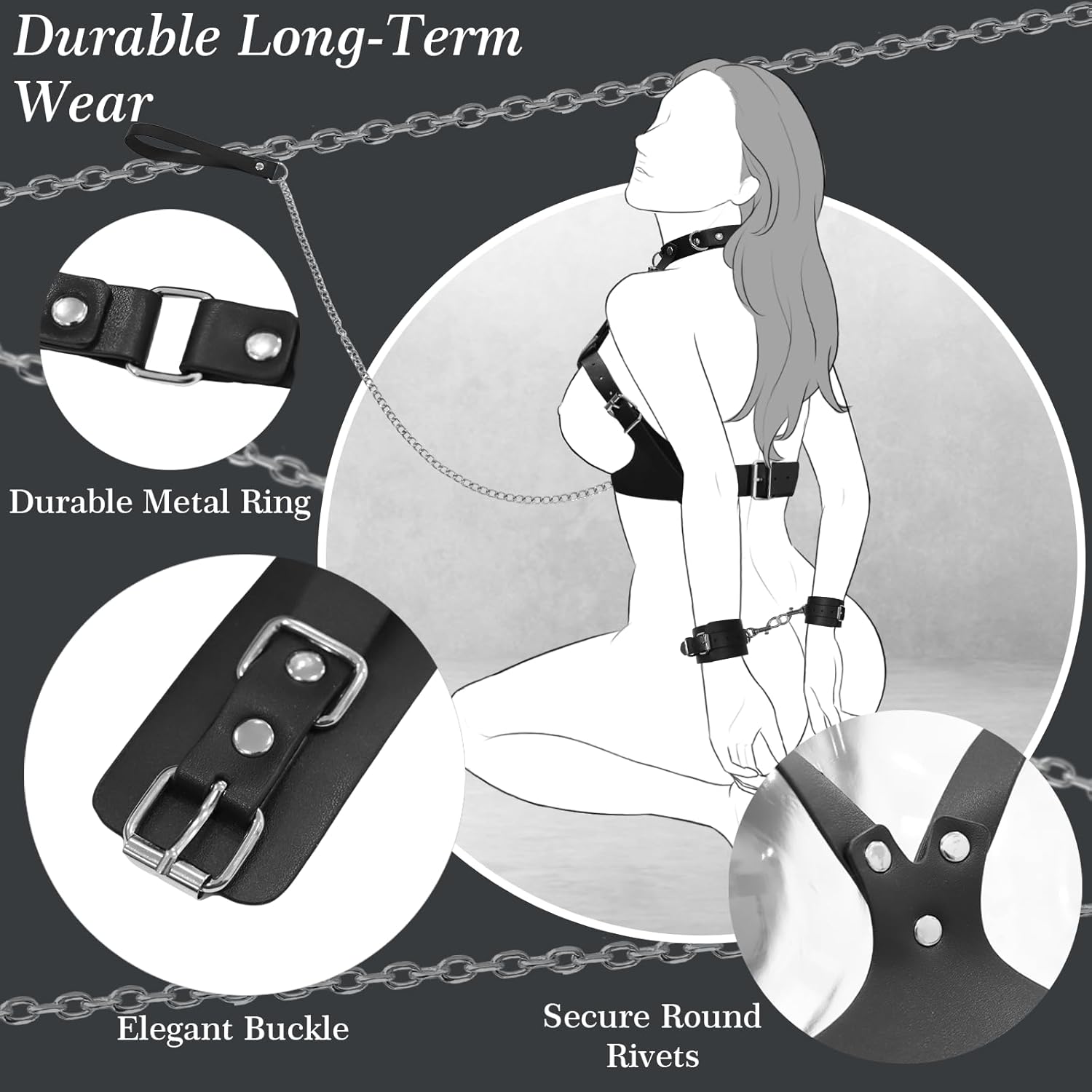 BDSM Bondage Sex Breast Restraints Set B to E Cup Boobs Sex Things for Couples Kinky Adult Sex Toys with Dual-Layer PU Leather Harness Collars with Traction Chain Handcuffs Bondage Gear Accessories