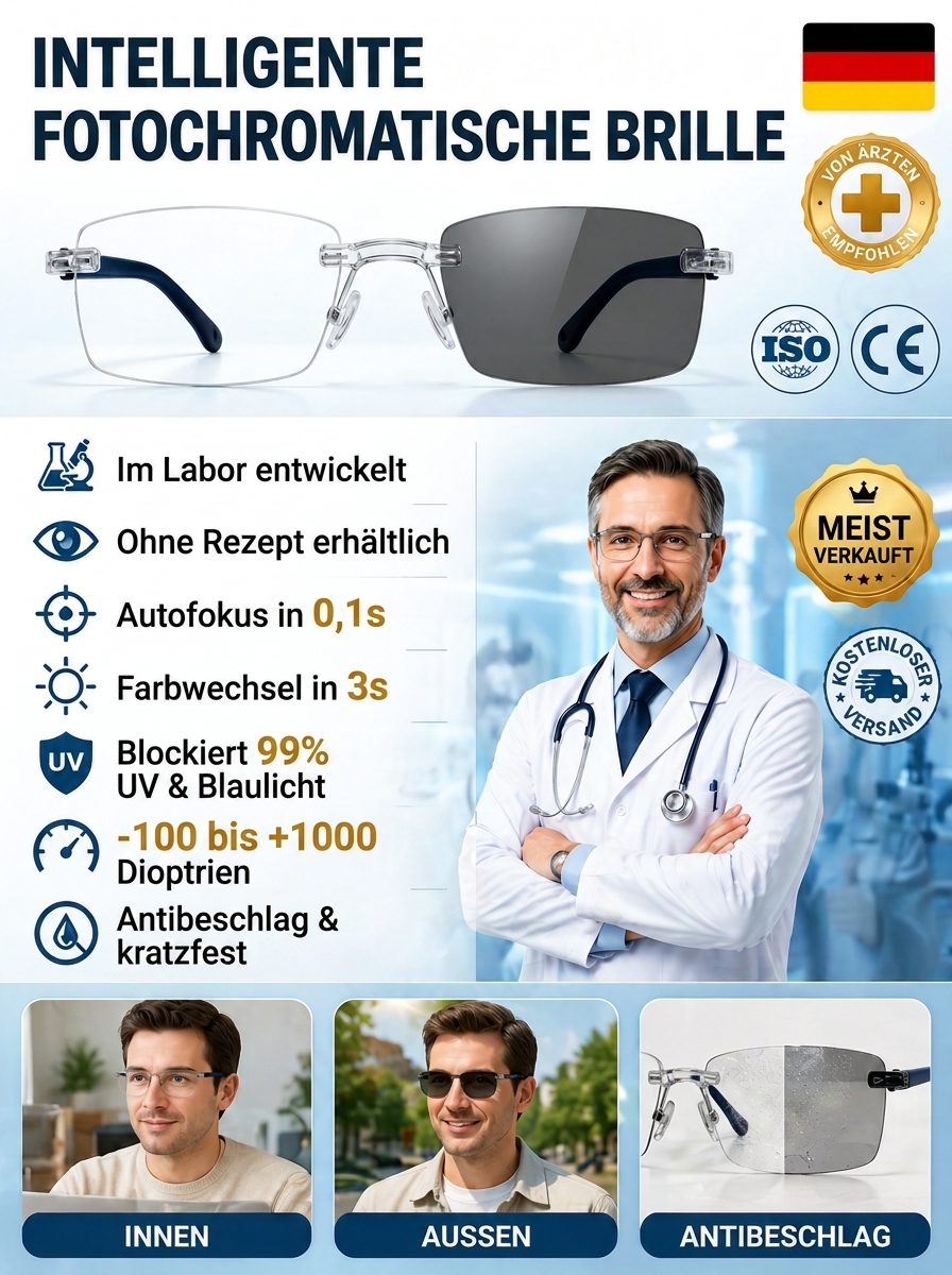 ⭐ TÜV-geprüfte Titan 3-in-1 Lesebrille Selbsttönend Blaulichtfilter
